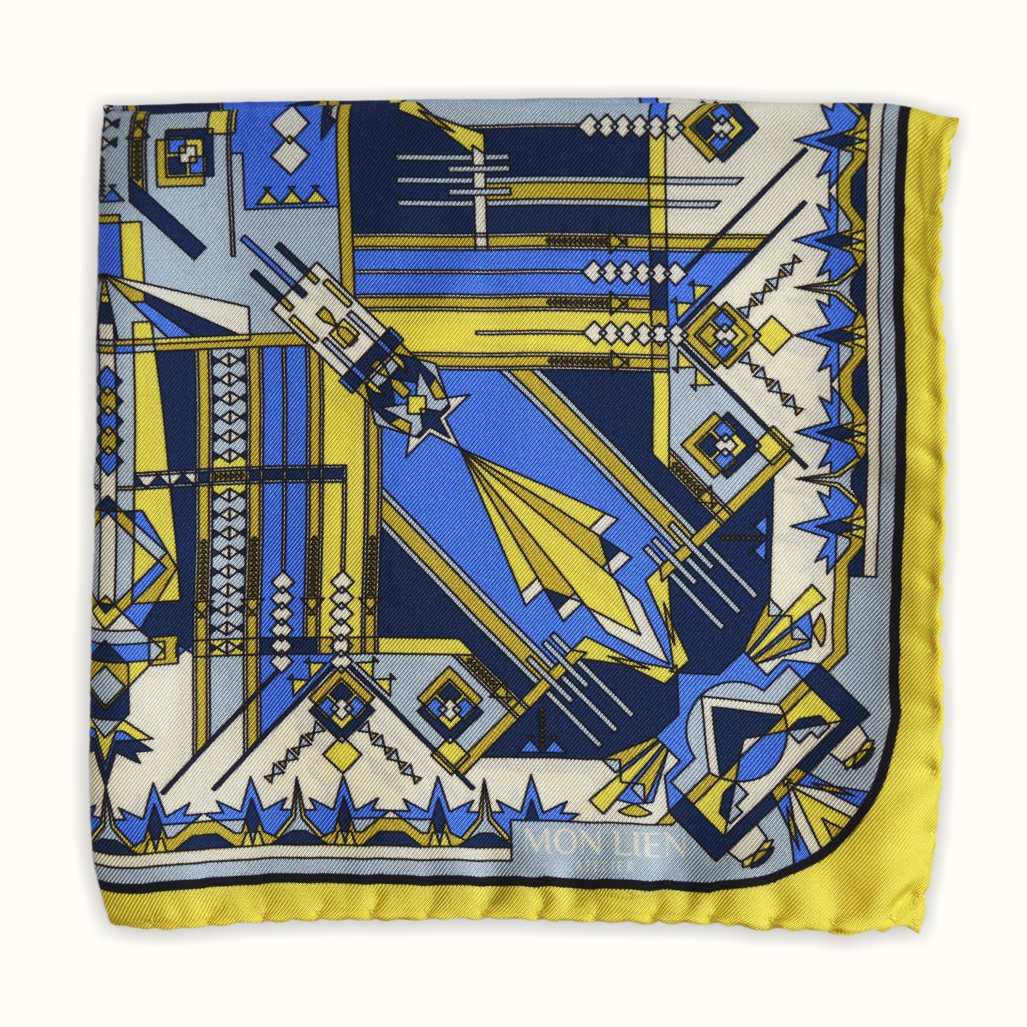 fazzoletto da taschino vista angolo piegato con bordo unito giallo e interno stampato struttura misteriosa dalla palette accativante