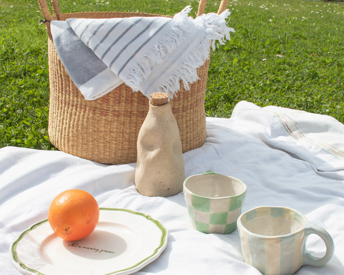 An eco-conscious picnic setup on grass featuring a woven basket with an organic cotton napkin, a biodegradable ceramic jug, and a fresh orange on a sustainably made plate.