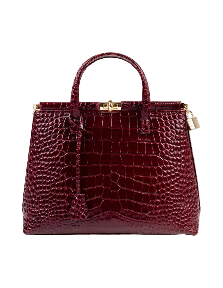 Priscilla Heritage Brown - Croc-embossed Calfskin Top Handle Bag