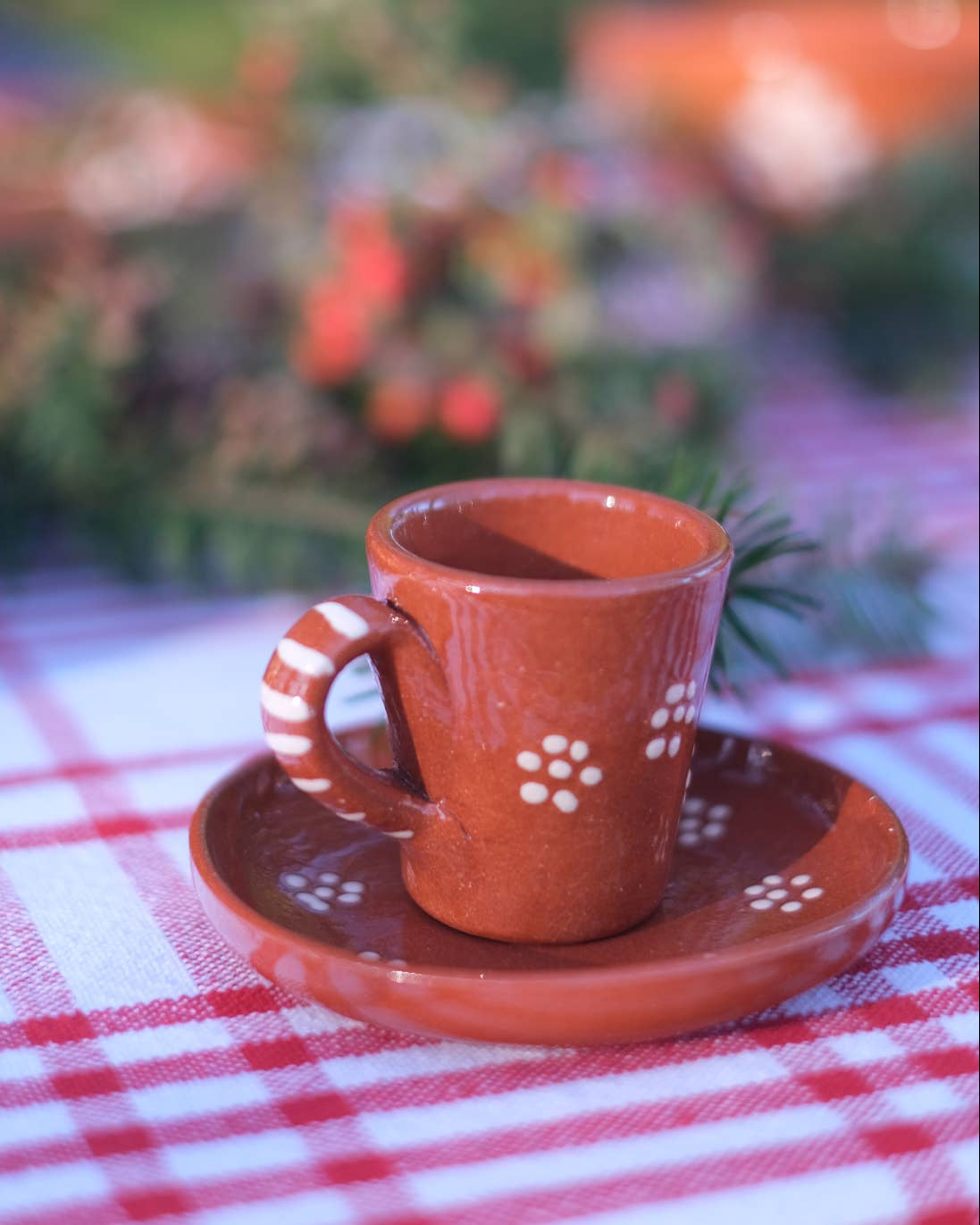 Hand-painted clay coffee cups with saucers (set of 2)