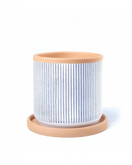 Striped clay pot with saucer – Small