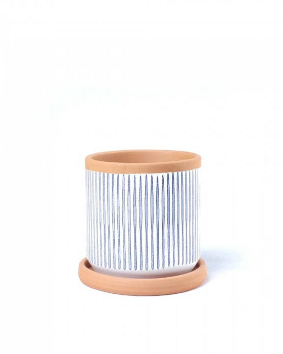 Striped clay pot with saucer – Small