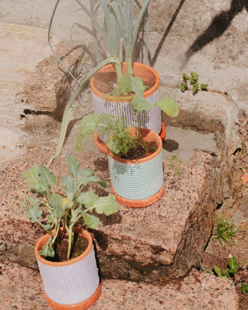 Striped clay pot with saucer – Small