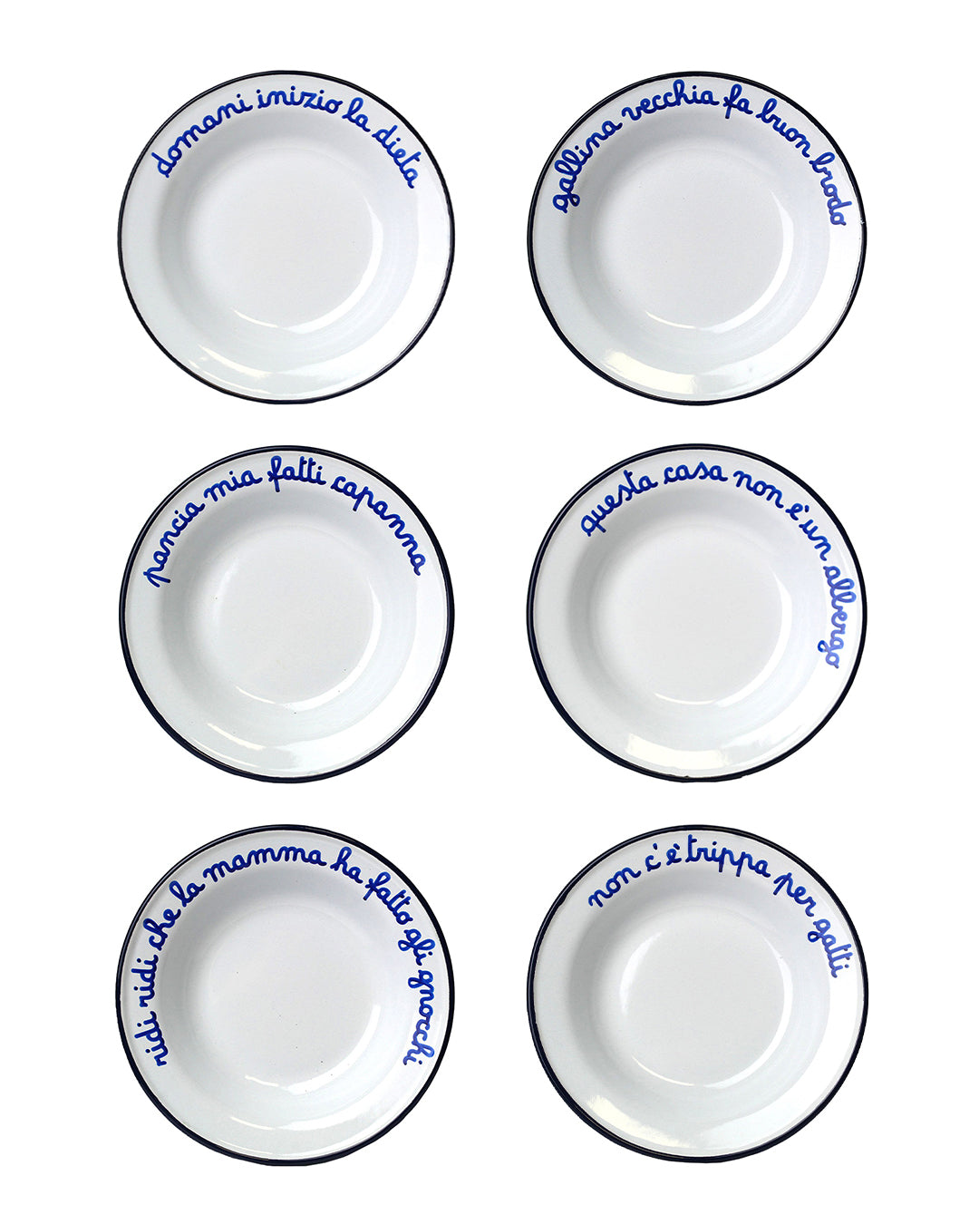 Hand written - vintage style enamel deep plate - set of 6 deep plates -  Alt Means Old