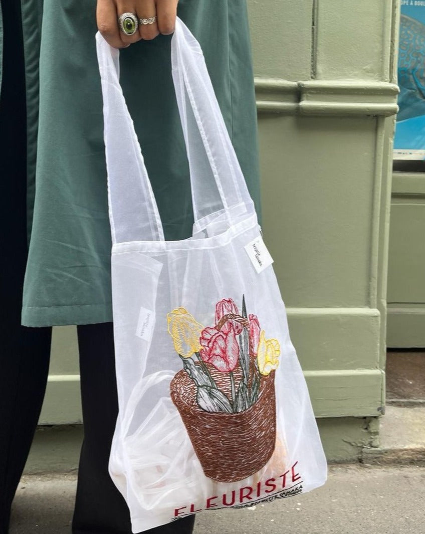 Embroidered Organza Tote Bag - Flowers Tulips - Brigitte Tanaka