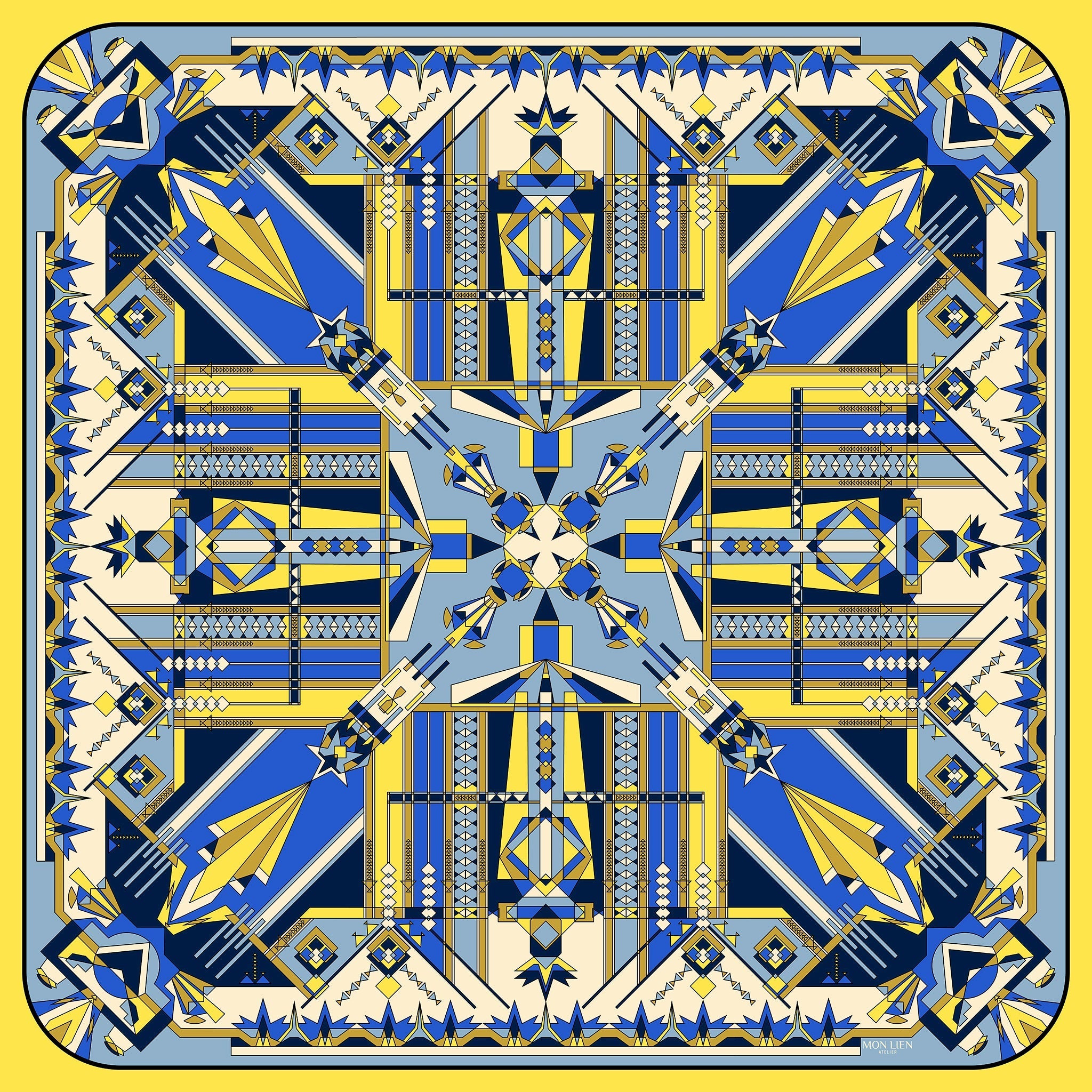 foulard carré aperto vista intera con misterioso disegno dalle linee geometriche tinte giallo avorio blu