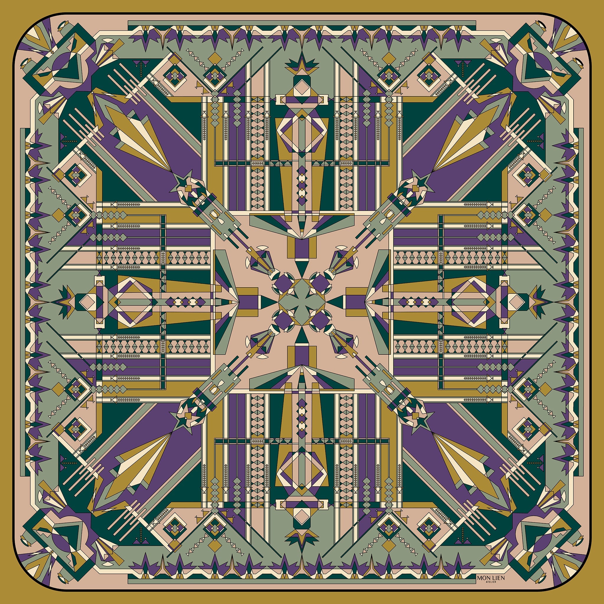 vista in piano accessorio donna senza tempo con intero disegno geometrico in variante giallo viola verde rosa antico avorio