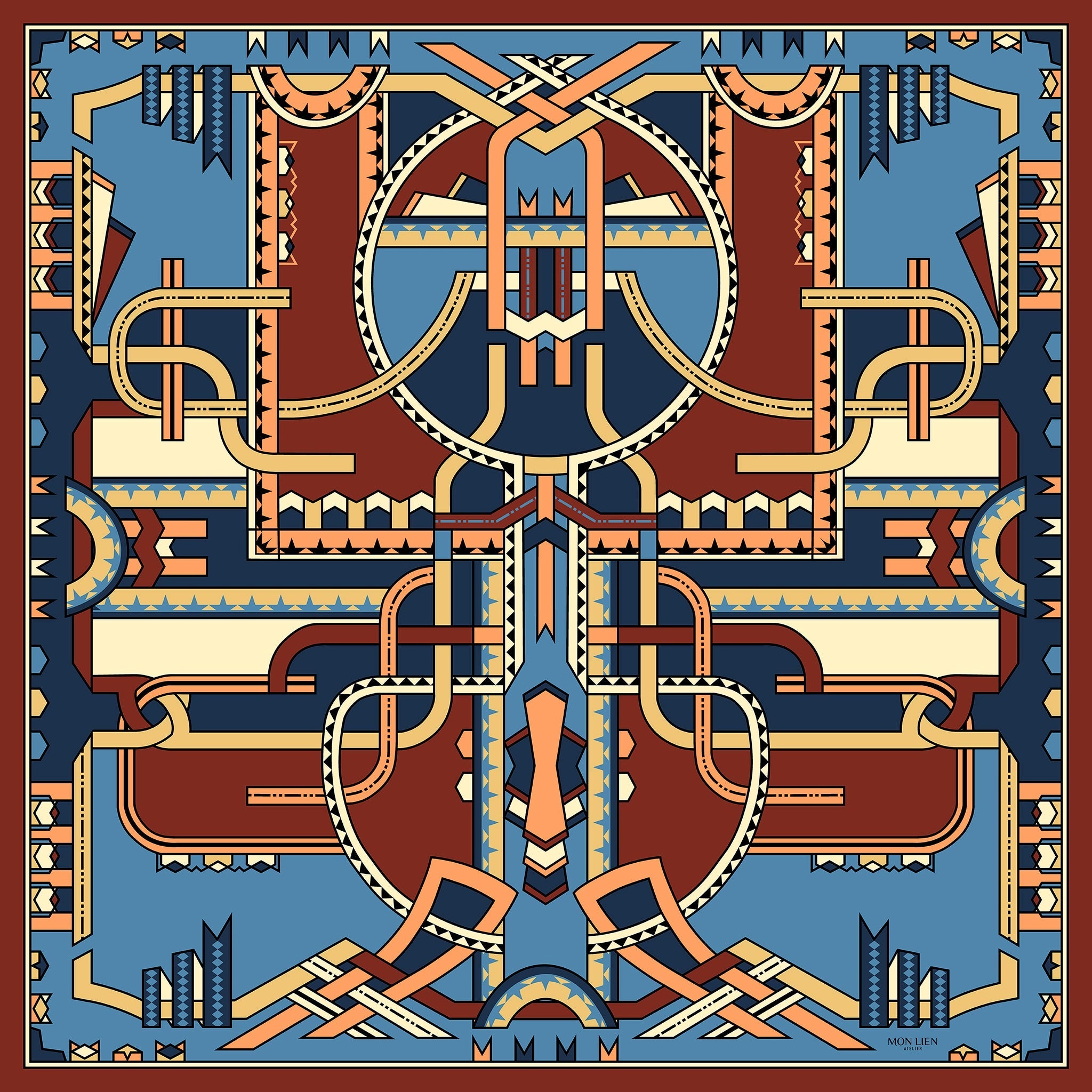 Foulard carré in silk - I nastri danzanti - blu e terracotta