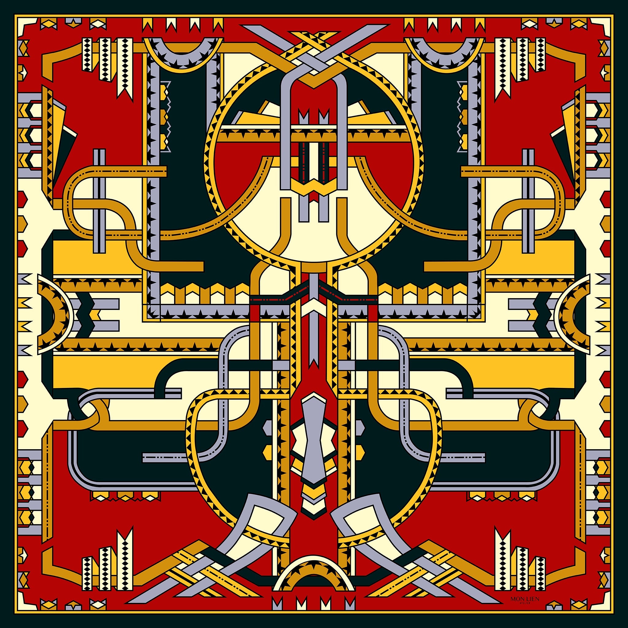 foulard carré aperto vista intera con disegno di nastri intrecciati dai colori rosso e oro