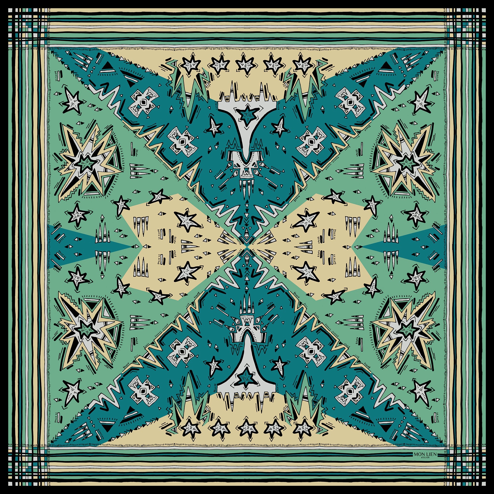foulard carré in seta vista intera con disegno grafico di stelle e motivi con bordo a righe colore turchese ottanio avorio beige
