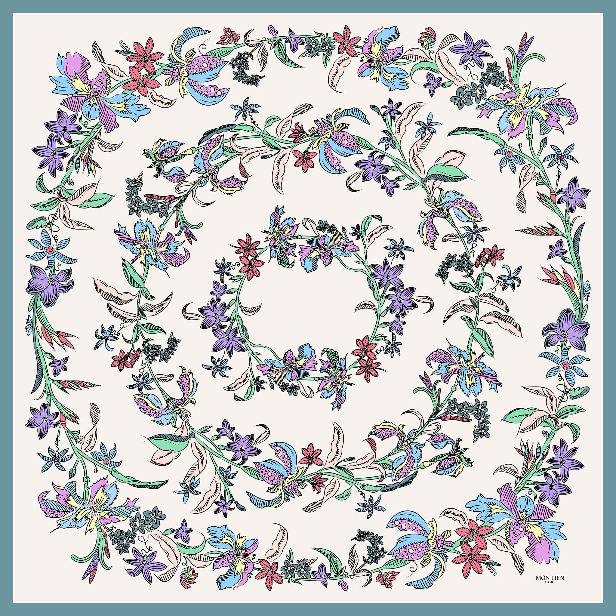 foulard di seta quadrato avorio con stampa di ghirlanda di fiori multicolore disegnati in corone