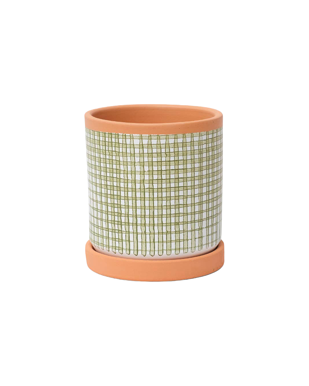 Checked clay pot with saucer – Medium