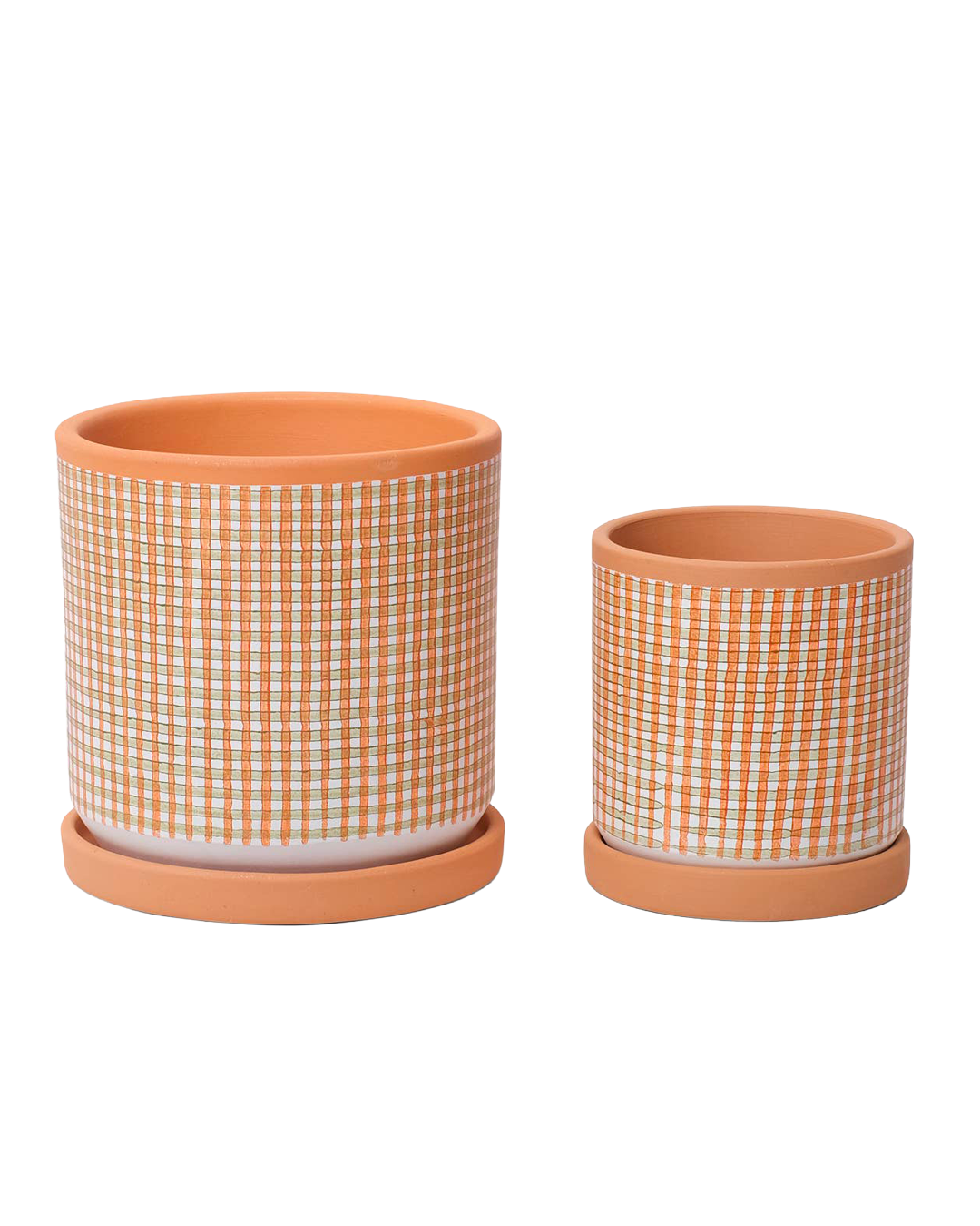 Checked clay pot with saucer – Medium