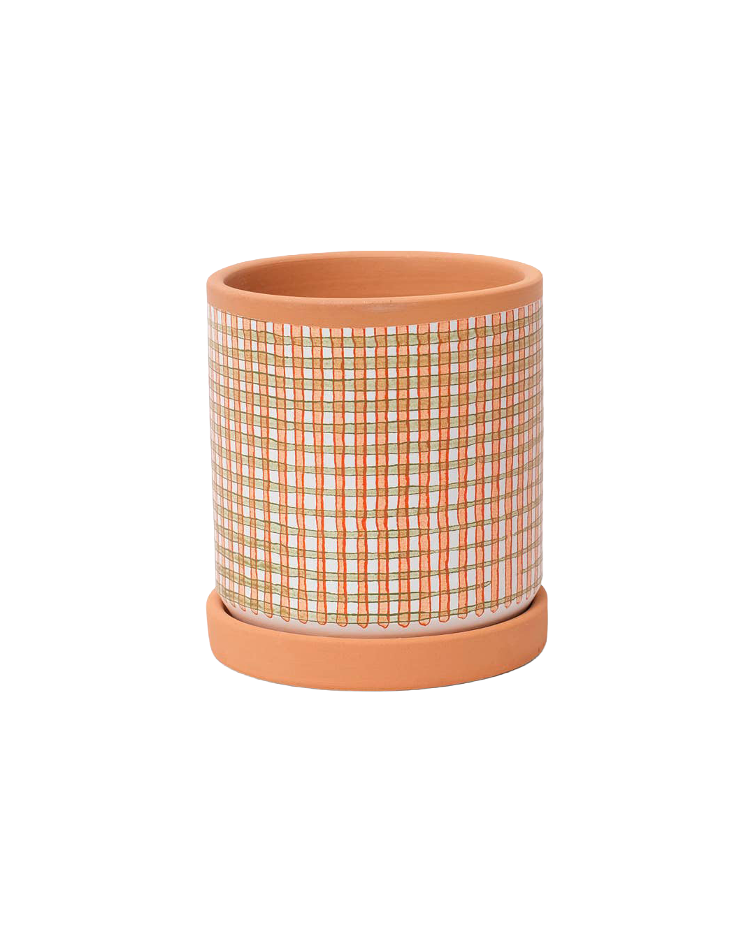 Checked clay pot with saucer – Medium