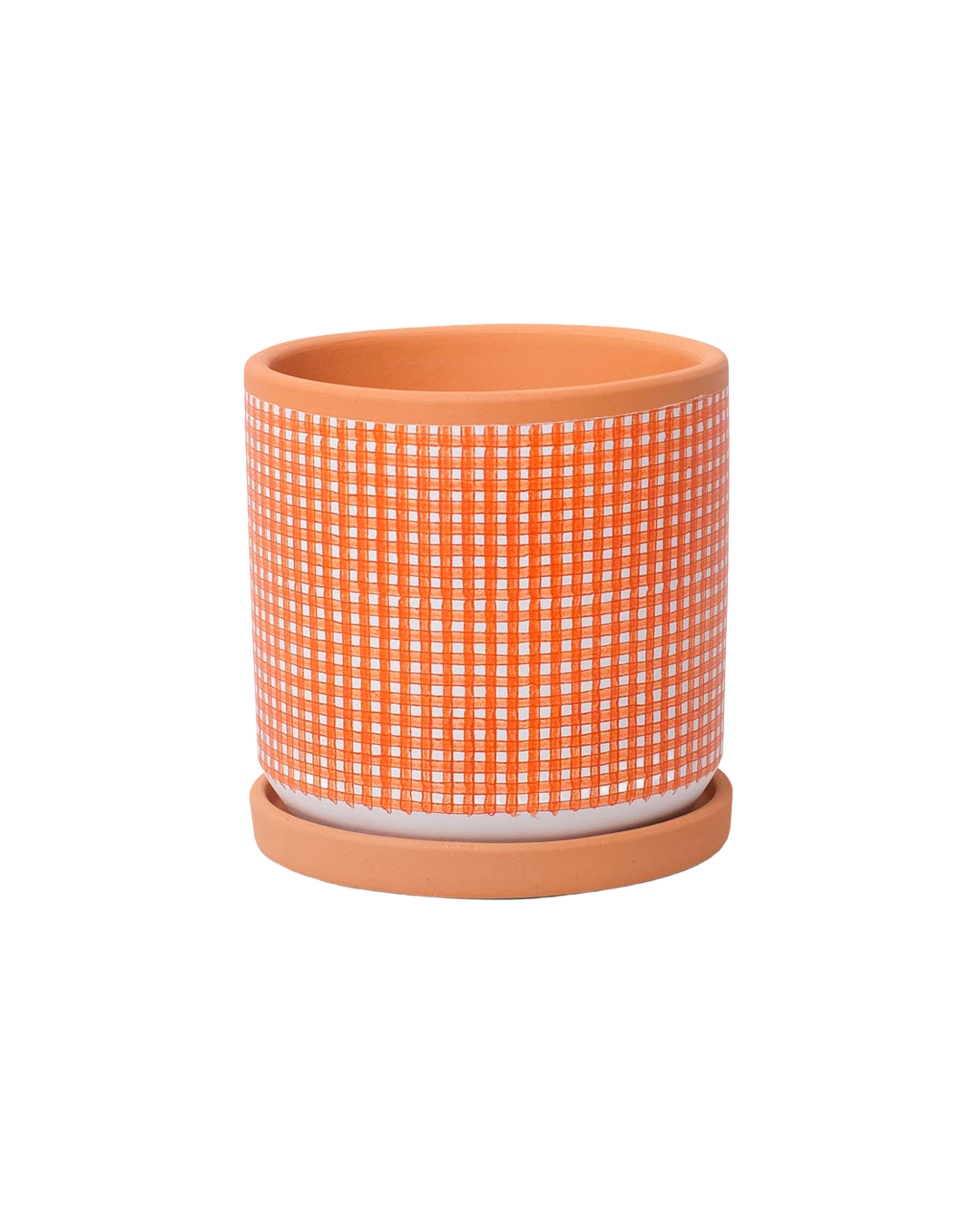 Checked clay pot with saucer – Medium
