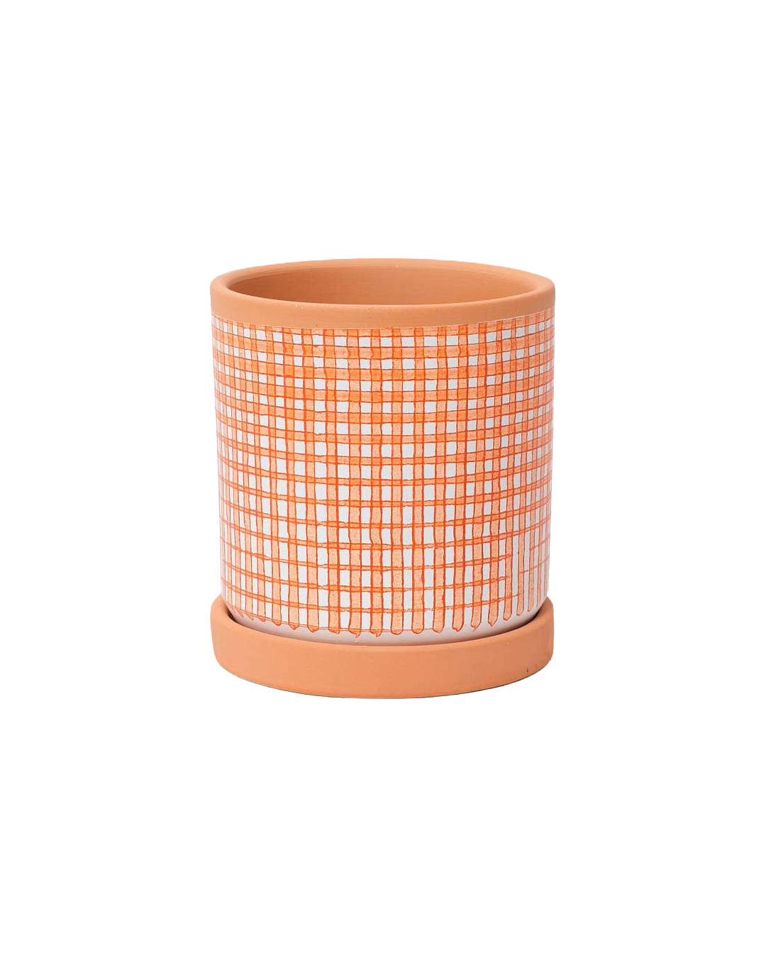 Checked clay pot with saucer – Medium