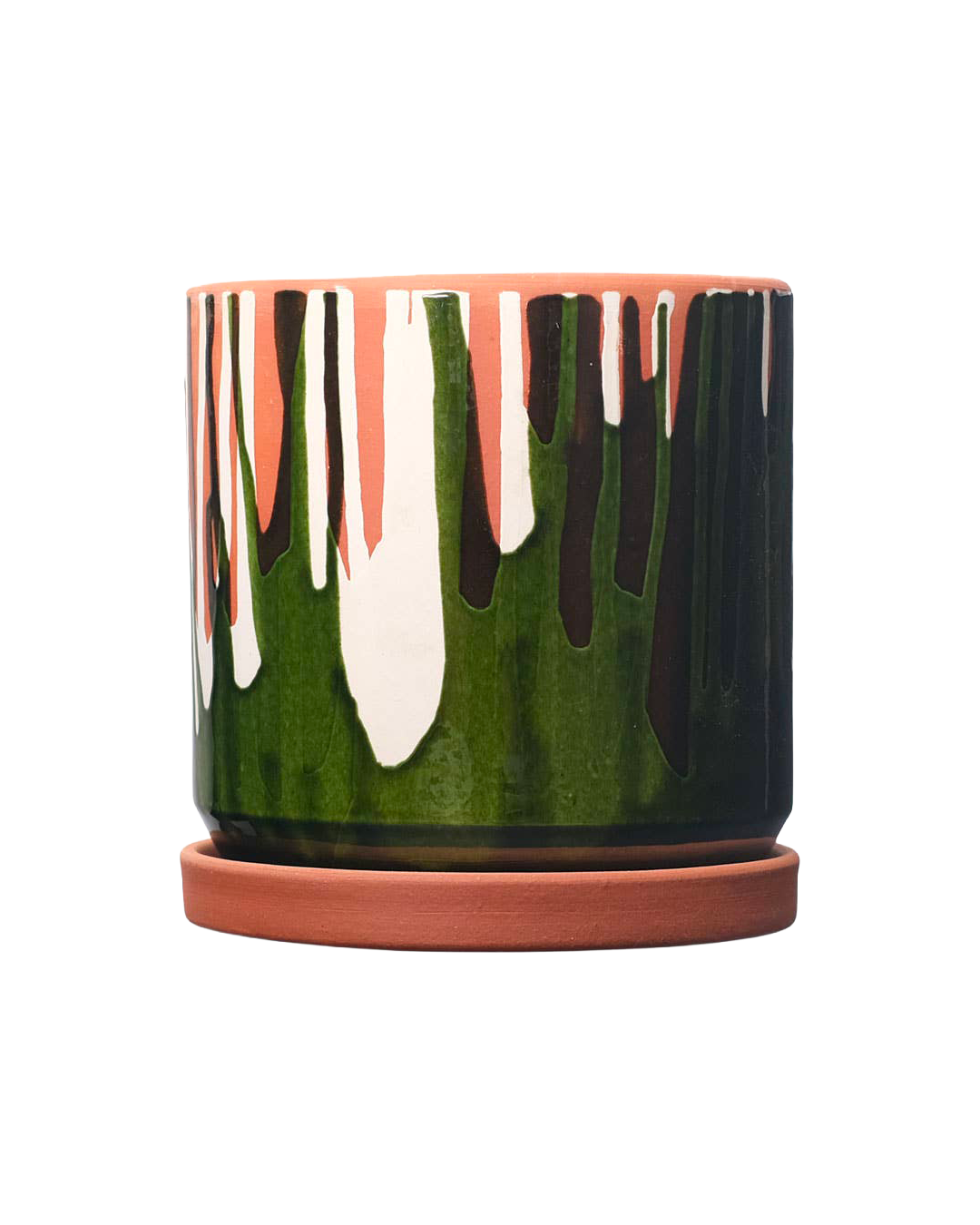 Clay pot with white slip and coloured glaze