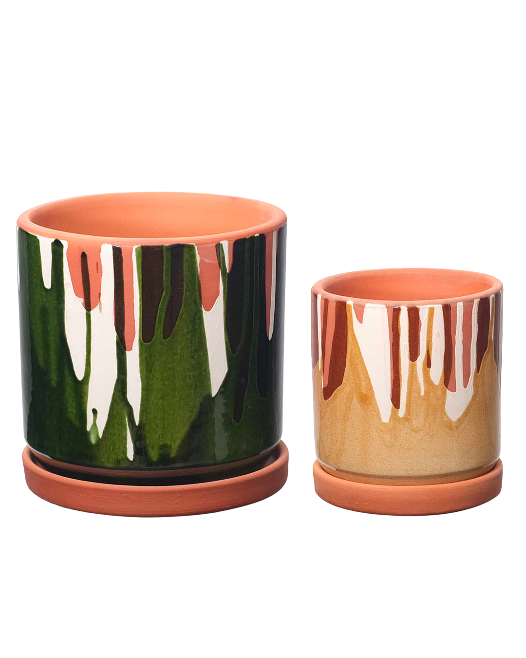 Clay pot with white slip and coloured glaze