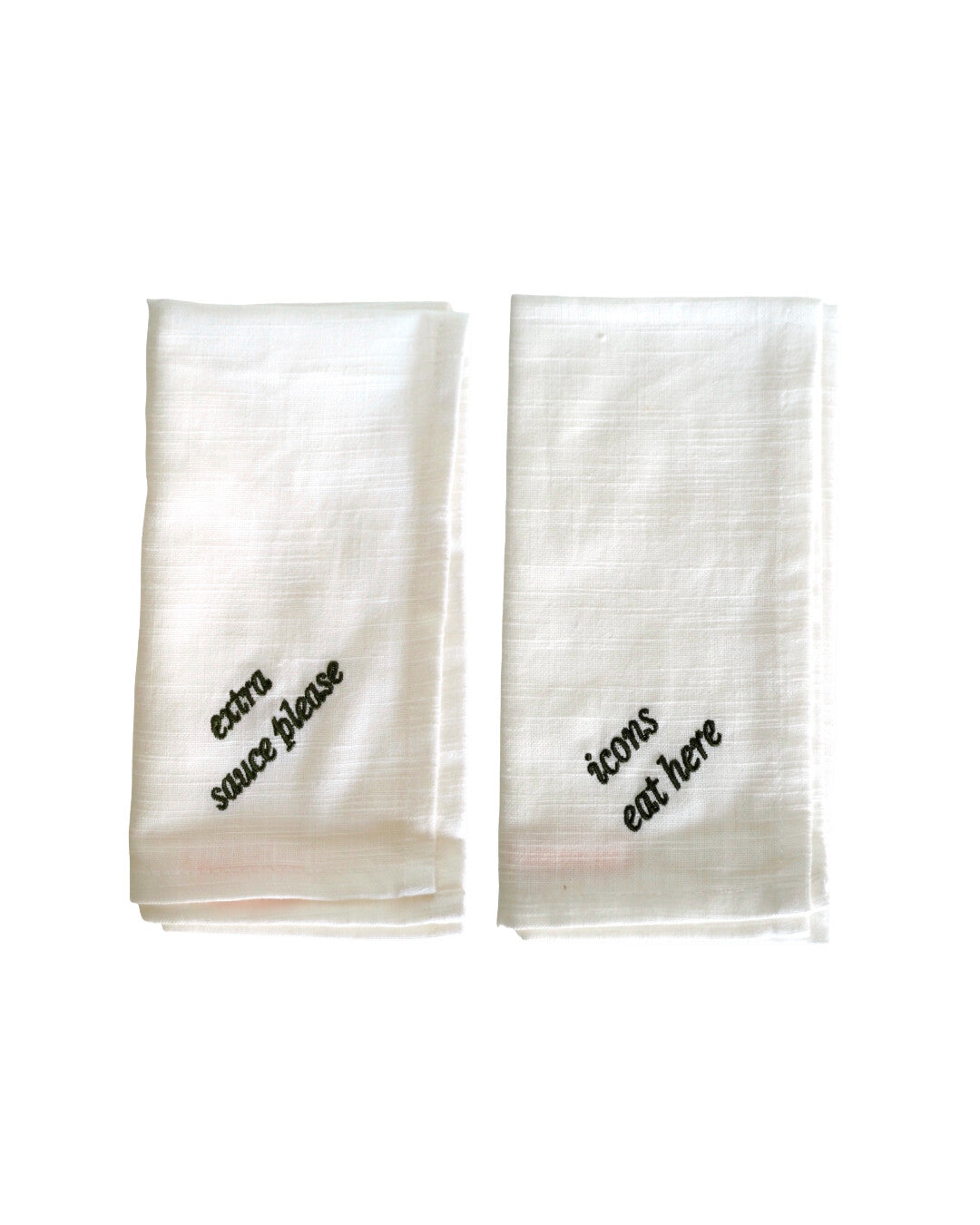 Embroidered napkin set 'Icons eat here' and 'Extra sauce please'