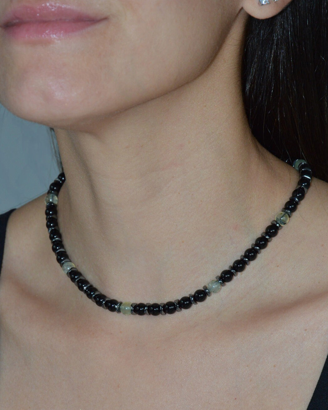 Onyx Necklace with Prehnite & Hematite