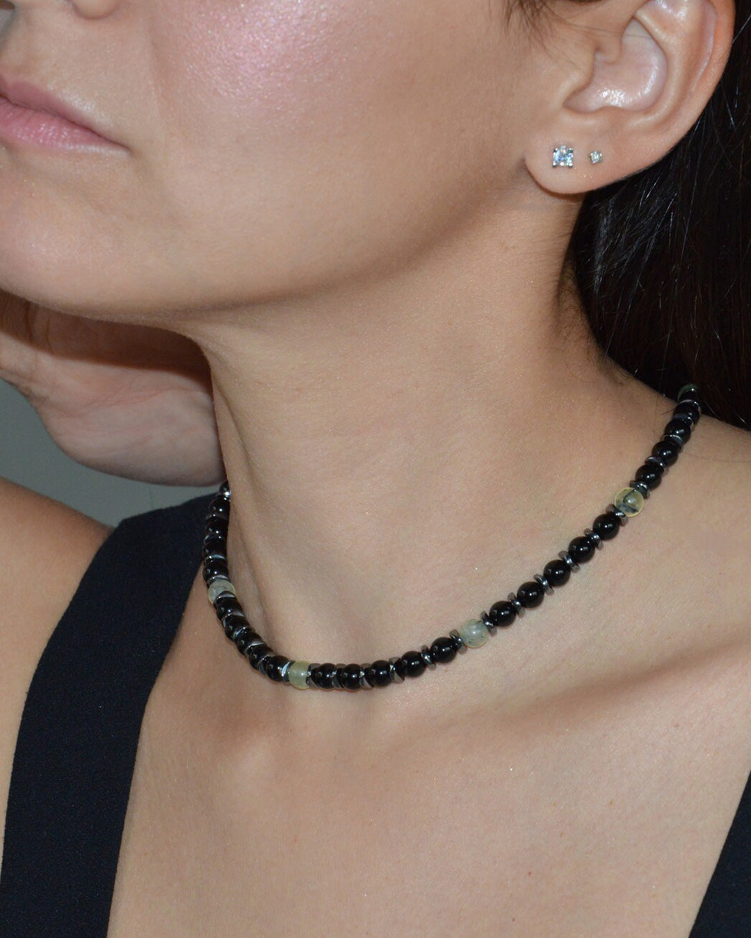 Onyx Necklace with Prehnite & Hematite
