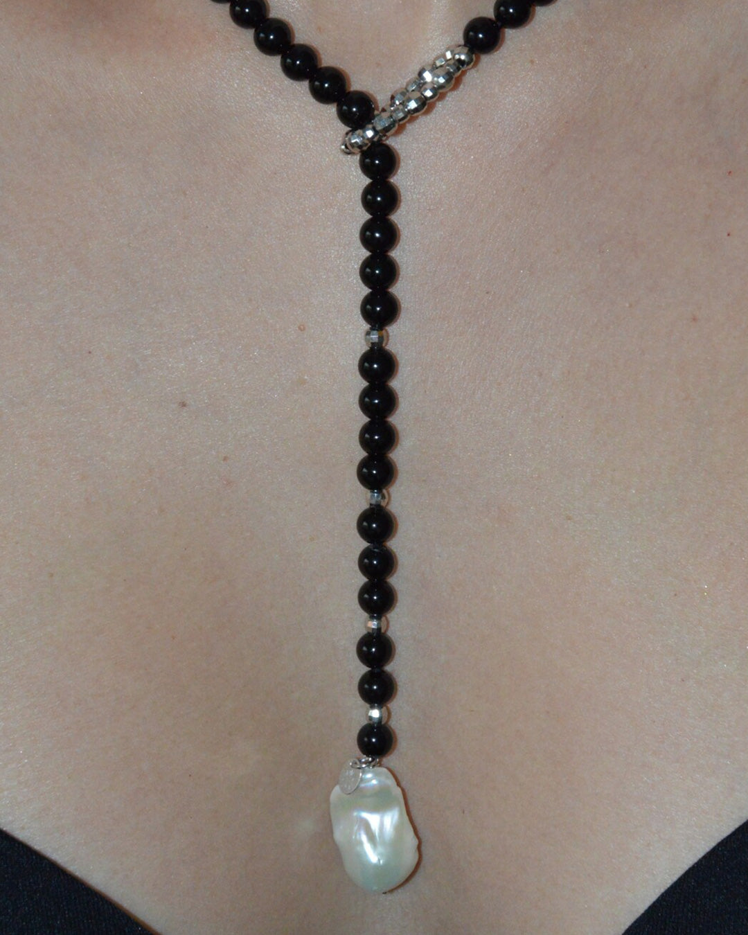 Onyx & Pearl Lariat Necklace
