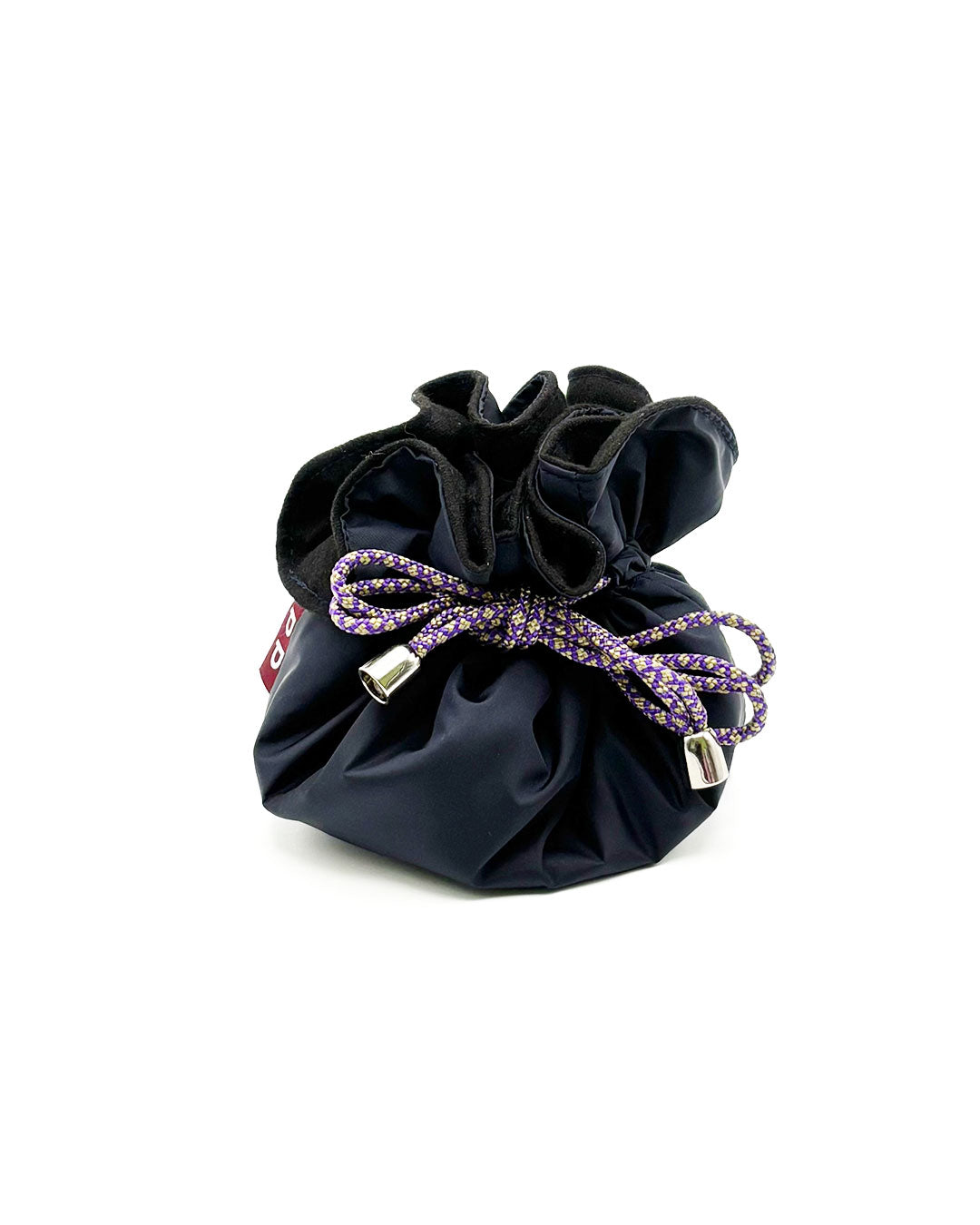 Black drawstring bag with a purple decorative bow 