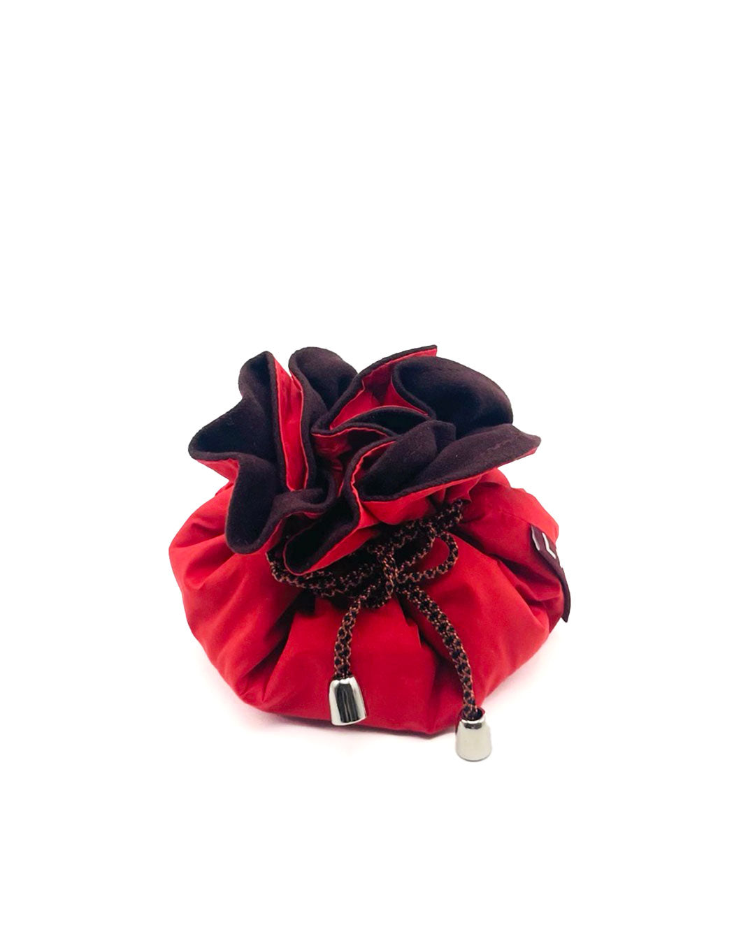 Red and bordeaux fabric pouch with decorative chain