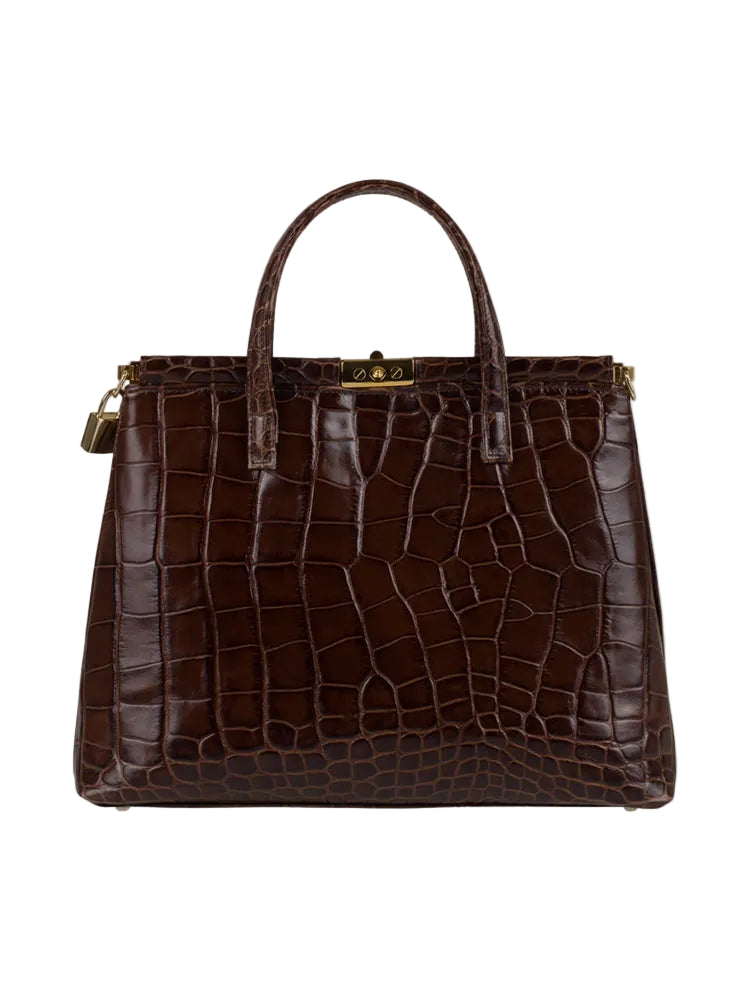 Priscilla Heritage Brown - Croc-embossed Calfskin Top Handle Bag