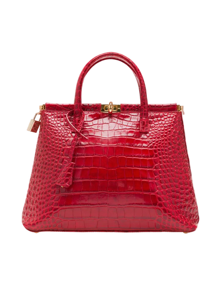 Priscilla Heritage Brown - Croc-embossed Calfskin Top Handle Bag
