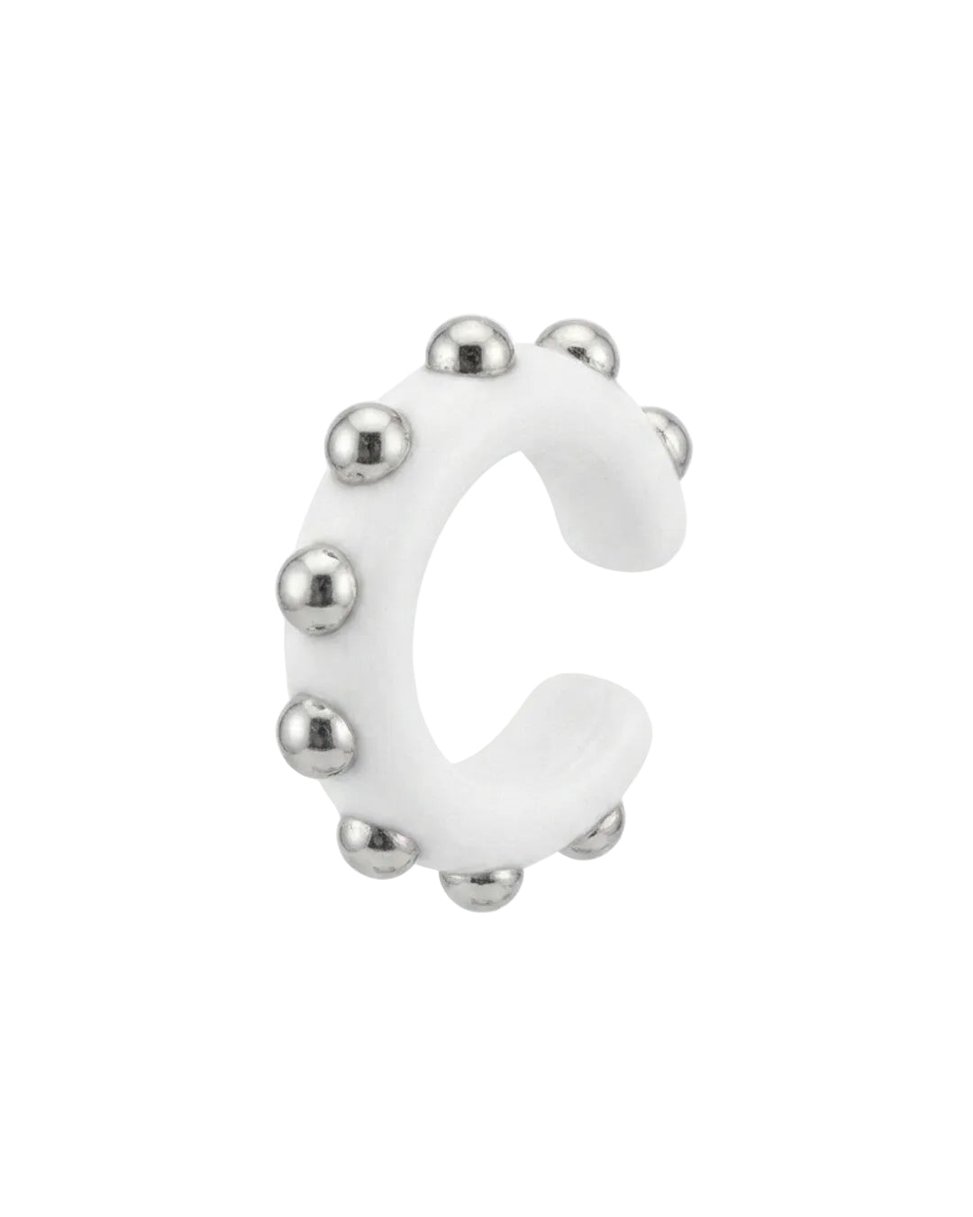 White earcuff with silver beads on a white background
