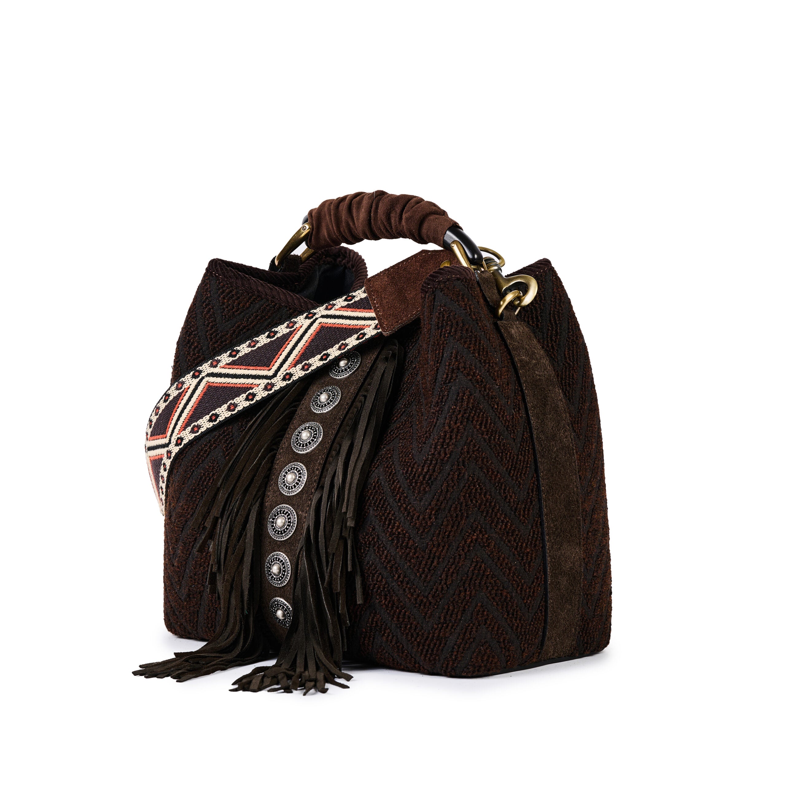 ViaMailBag Jacquard bucket bag with fringe and stud detailing