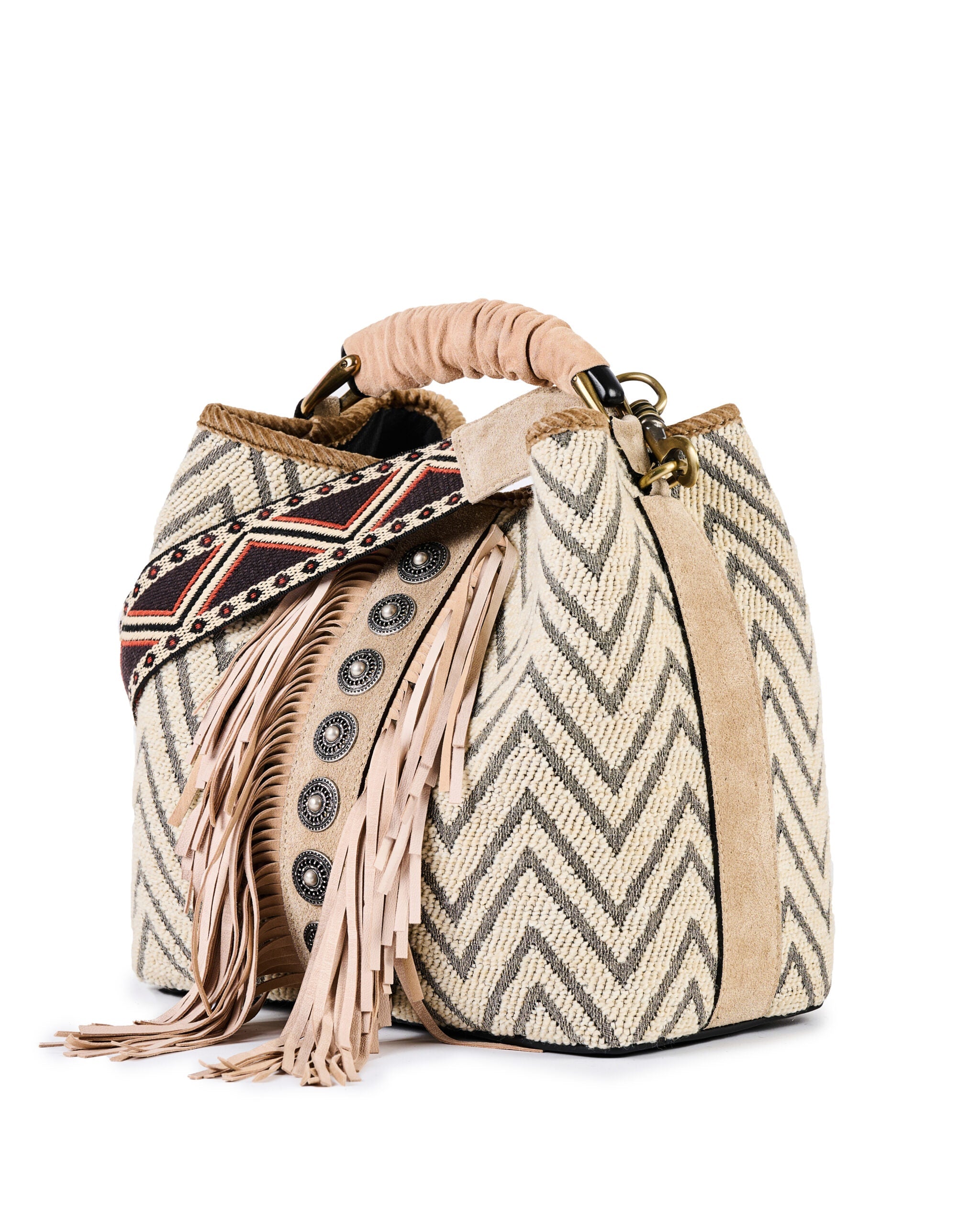 ViaMailBag Jacquard bucket bag with fringe and stud detailing