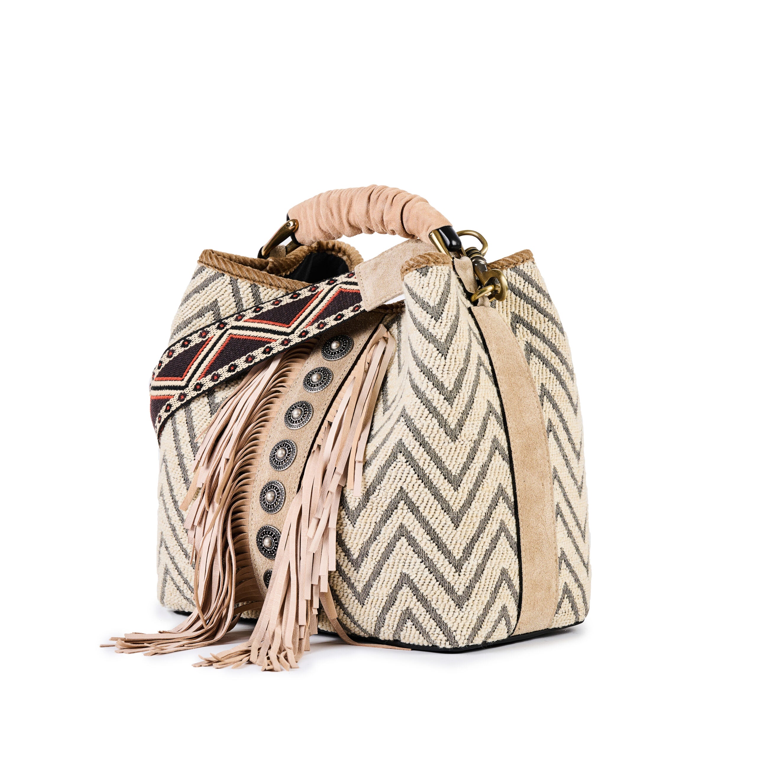 ViaMailBag Jacquard bucket bag with fringe and stud detailing