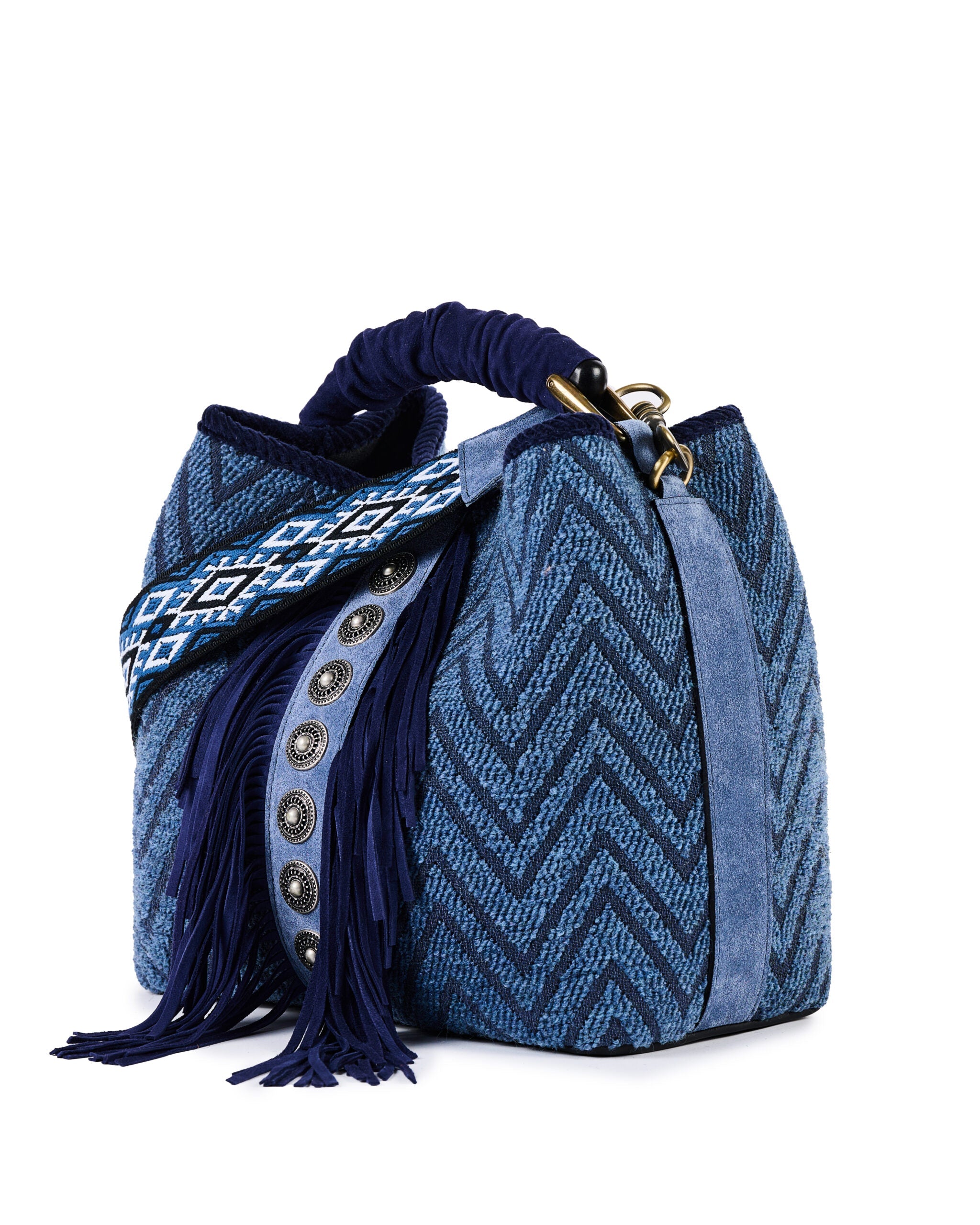 ViaMailBag Jacquard bucket bag with fringe and stud detailing