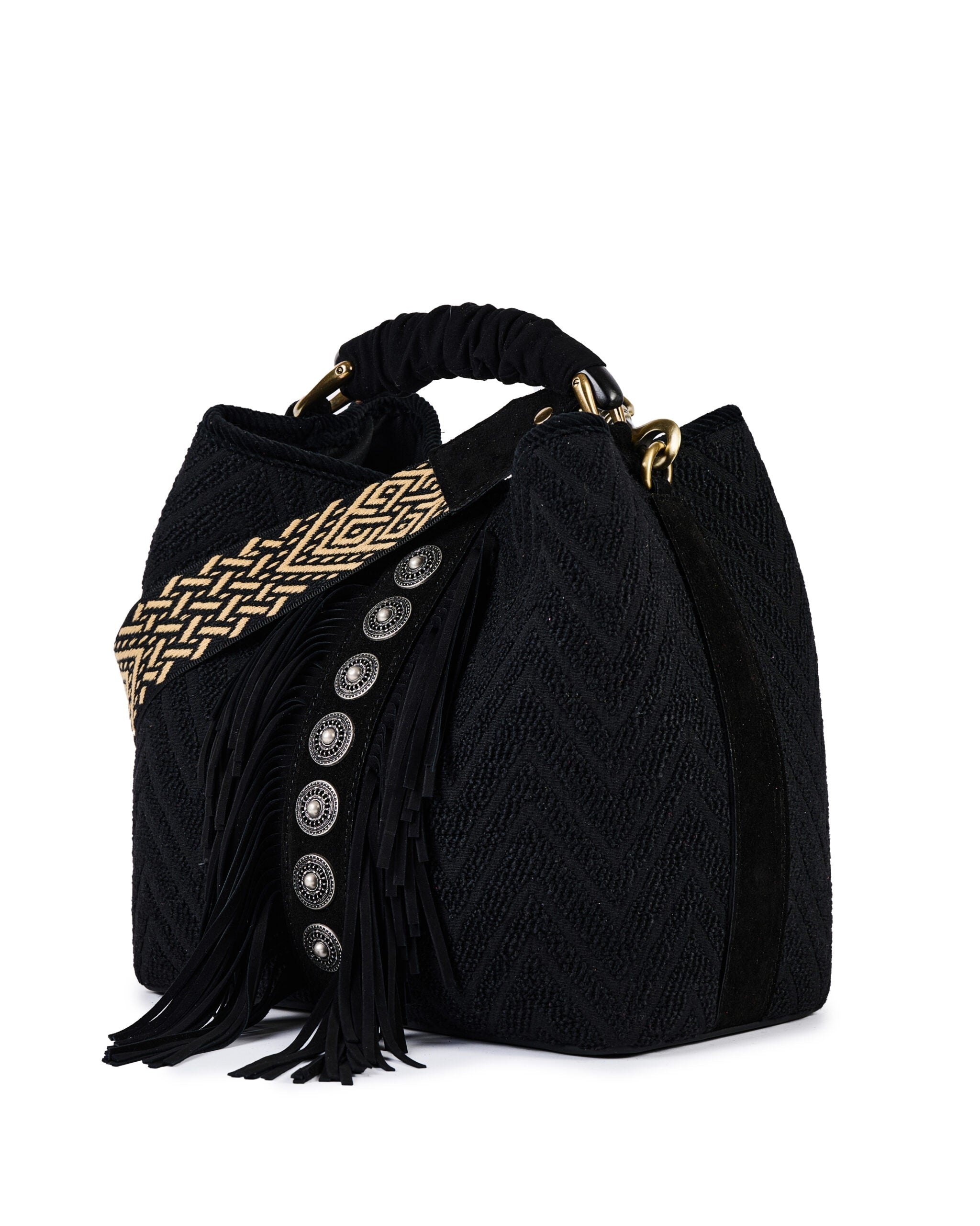 ViaMailBag Jacquard bucket bag with fringe and stud detailing