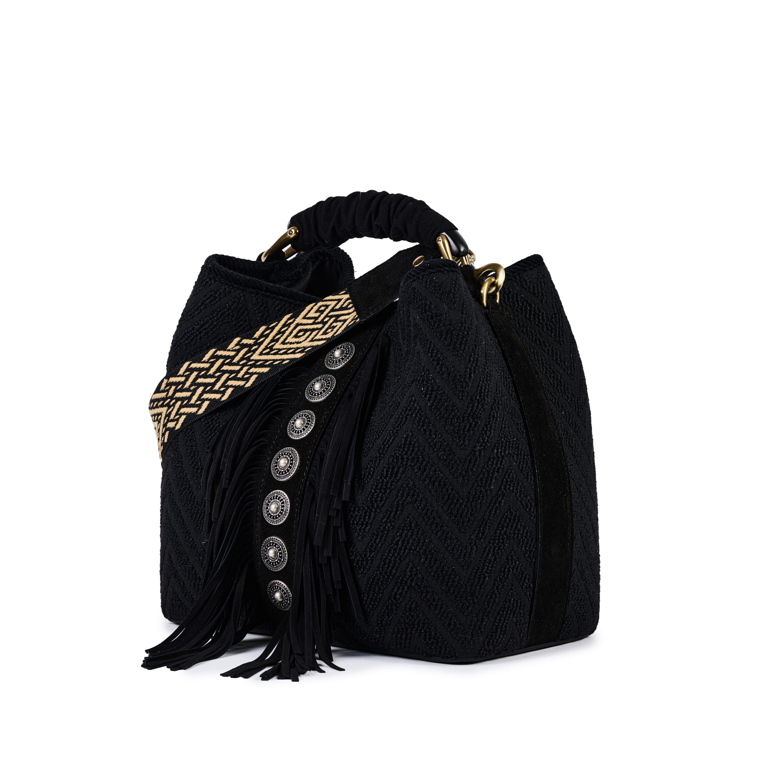 ViaMailBag Jacquard bucket bag with fringe and stud detailing
