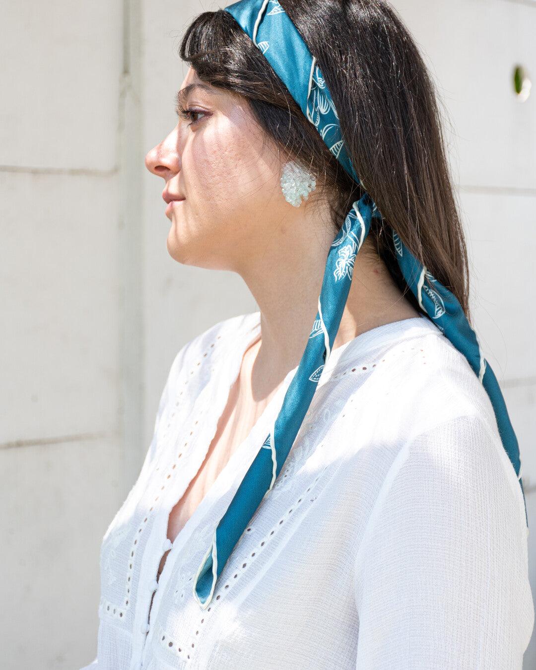 Foulard carré in silk - Il sogno floreale - ottanio e avorio