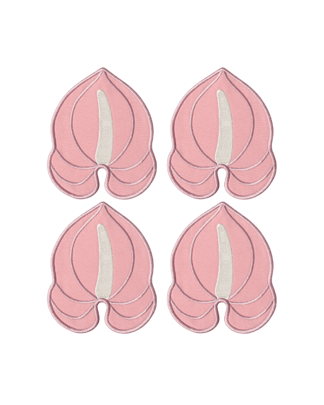 Set of 4 Octaevo Pink Anthurium Coasters with a stylized floral design, displayed on a white background.