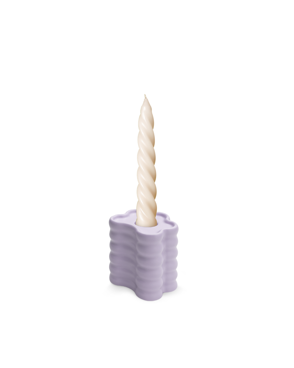A twisted ivory candle sits in OCTAEVO’s hand-glazed Flora Candle Holder in Purple against a white background.