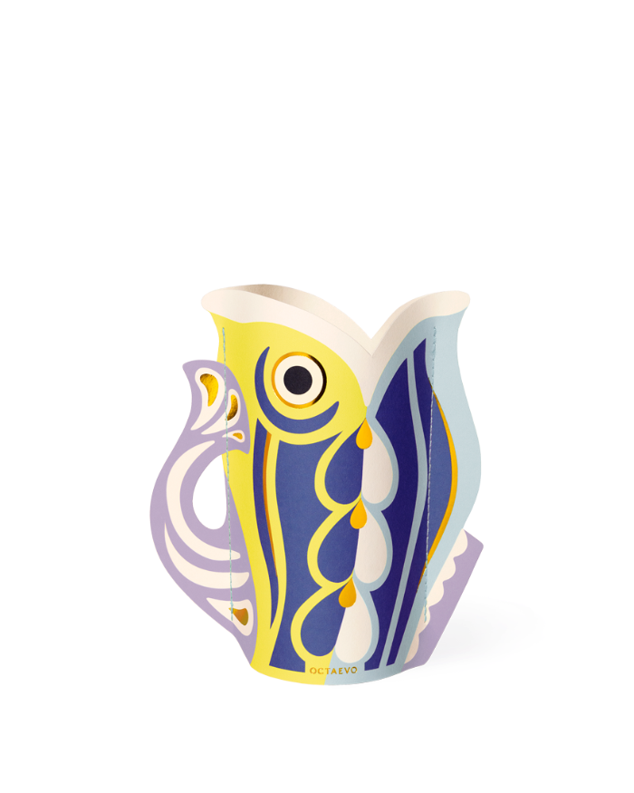 The Fish Mini Paper Vase by OCTAEVO in purple features a colorful abstract fish design and is perfect for Mediterranean centerpieces.