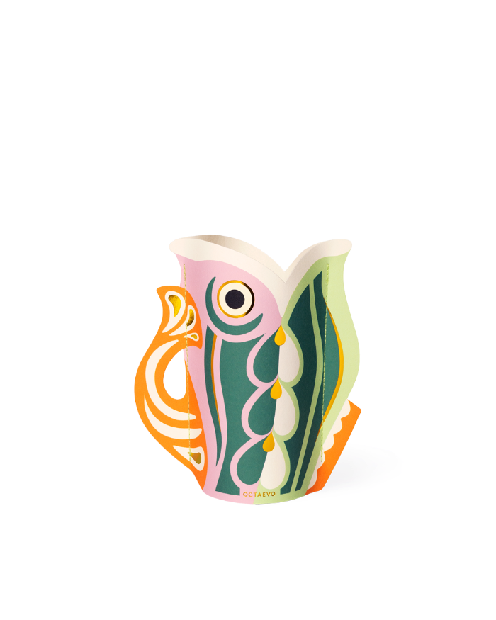 The OCTAEVO Fish Mini Paper Vase in orange features a whimsical fish design in pastel shades, perfect for Mediterranean decor.