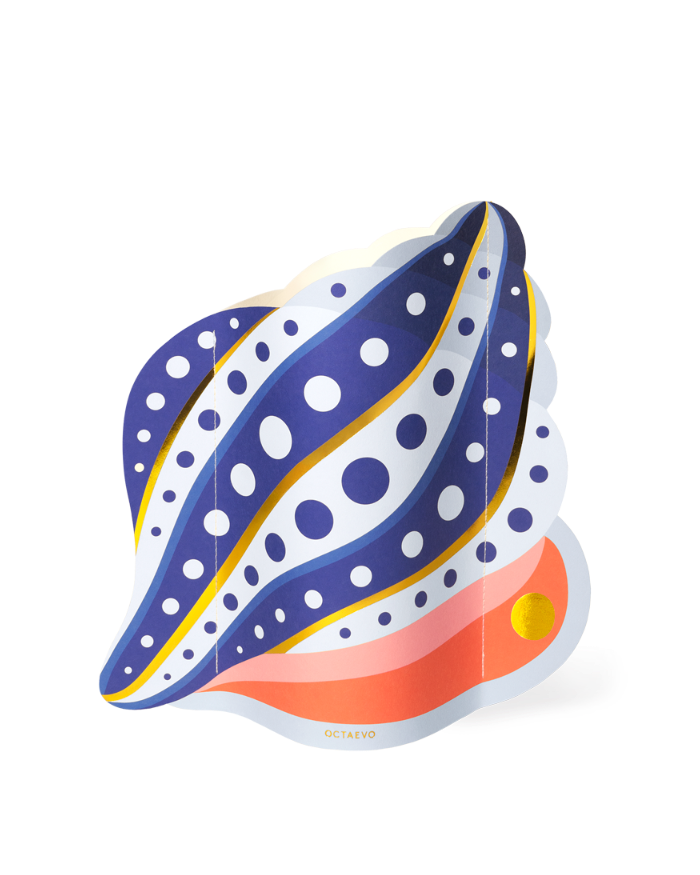 The OCTAEVO Shell Paper Vase features an abstract, colorful design inspired by Mediterranean sea shells.