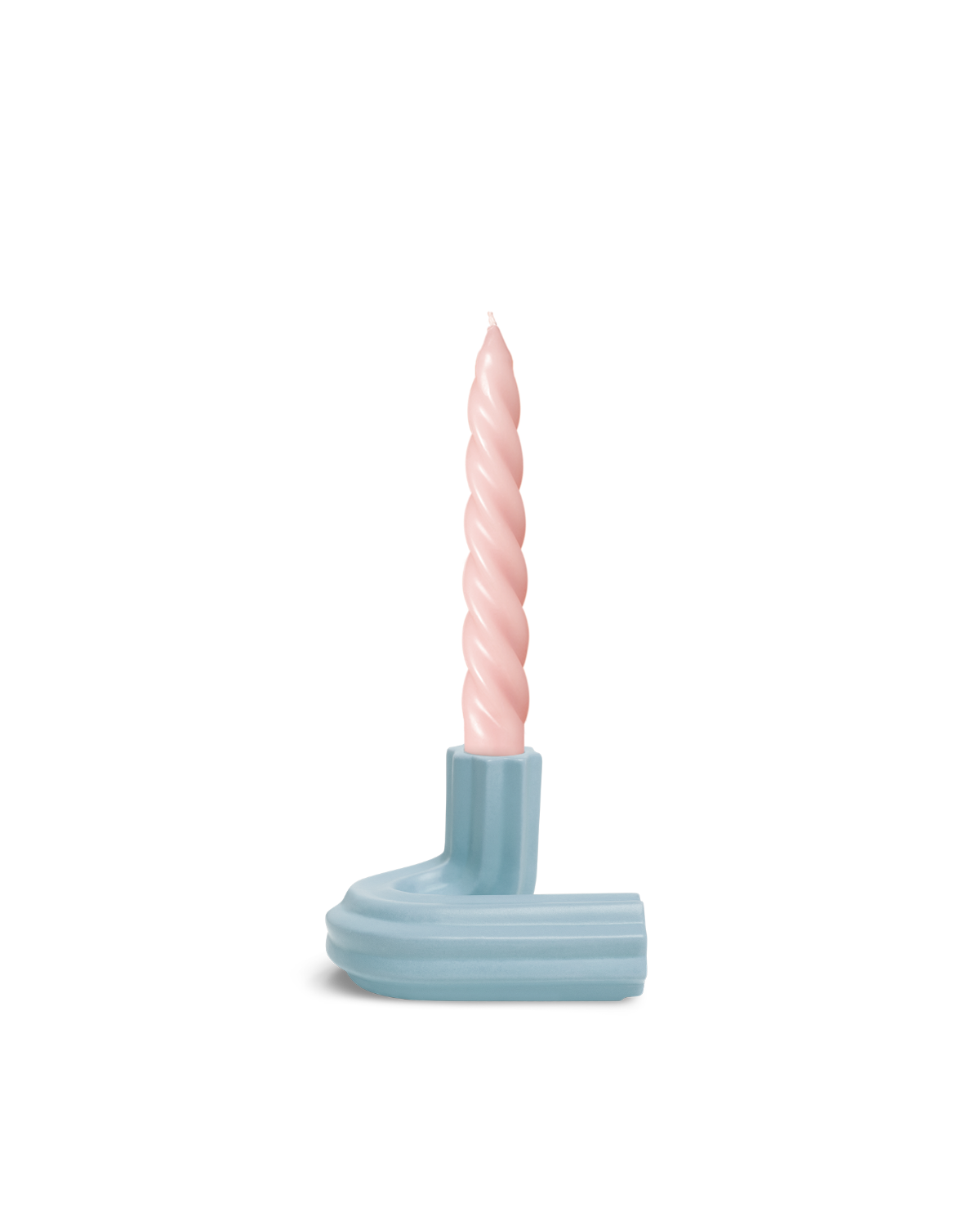 A pastel pink twisted candle in Light BlueTemplo Candle Holder by OCTAEVO set against a plain white background.