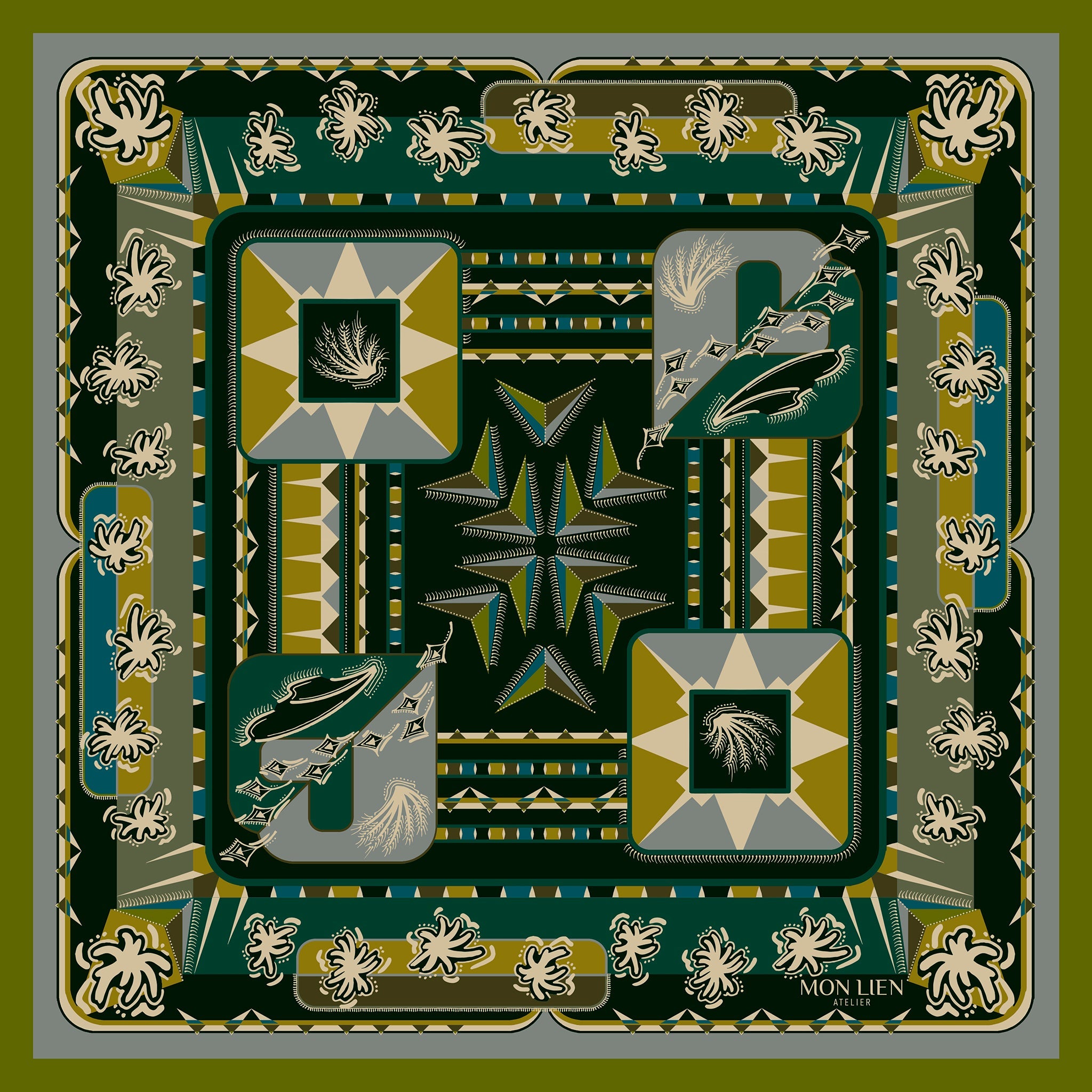 pochette in twill di seta vista intera con stampa di piante e geometrie di colore terra avorio verde ocra ottanio