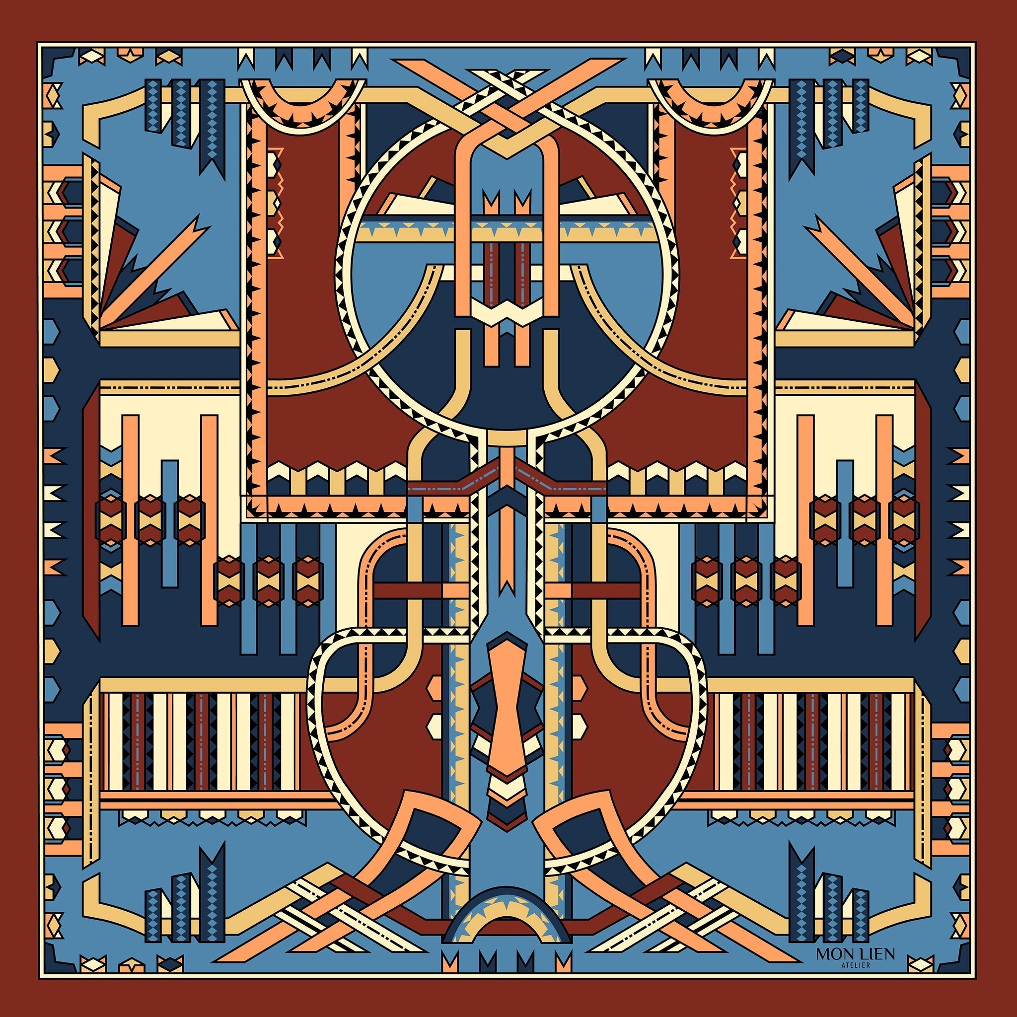 Pocket square in silk - I nastri danzanti - blu e terracotta
