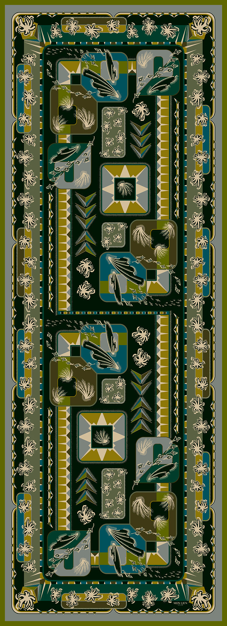 lungo foulard in seta dalle tinte verdi con disegno illustrato