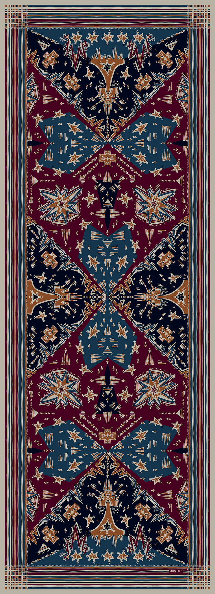 lunga stola aperta con motivi stelle e elementi grafici colori bordeaux blu avorio ocra un accessorio must-have