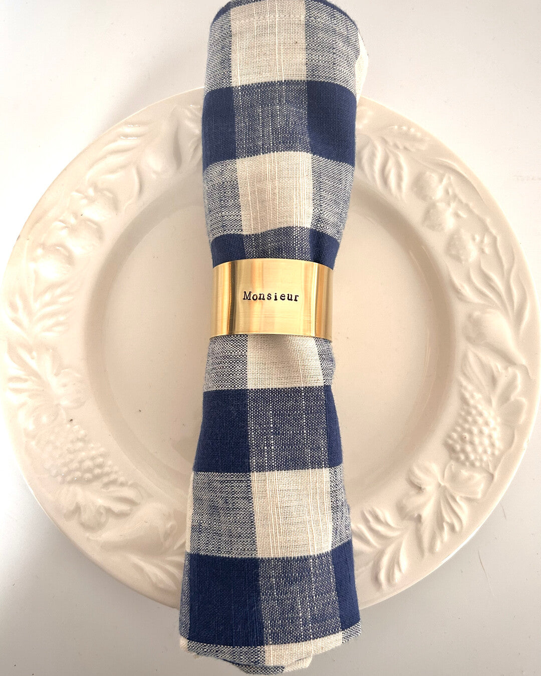 "Monsieur" - Engraved brass napkin ring