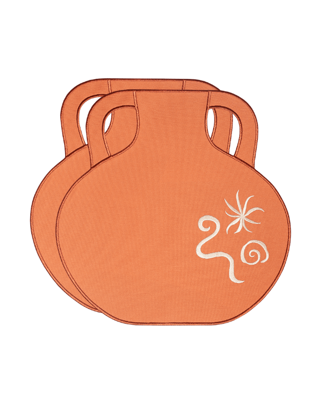 Set of 2 Octaevo Terracotta Amphora Placemats with handles, featuring white abstract designs—ideal table decor.